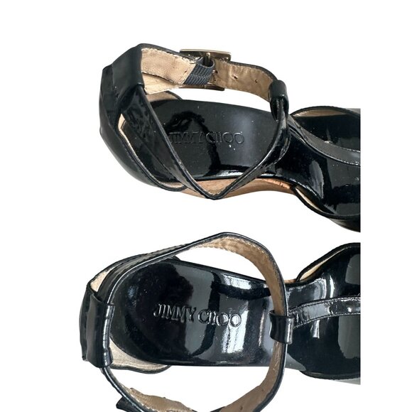 JIMMY CHOO Black Patent Leather Cork Wedges Sandals Size 36.5 - Picture 12 of 16